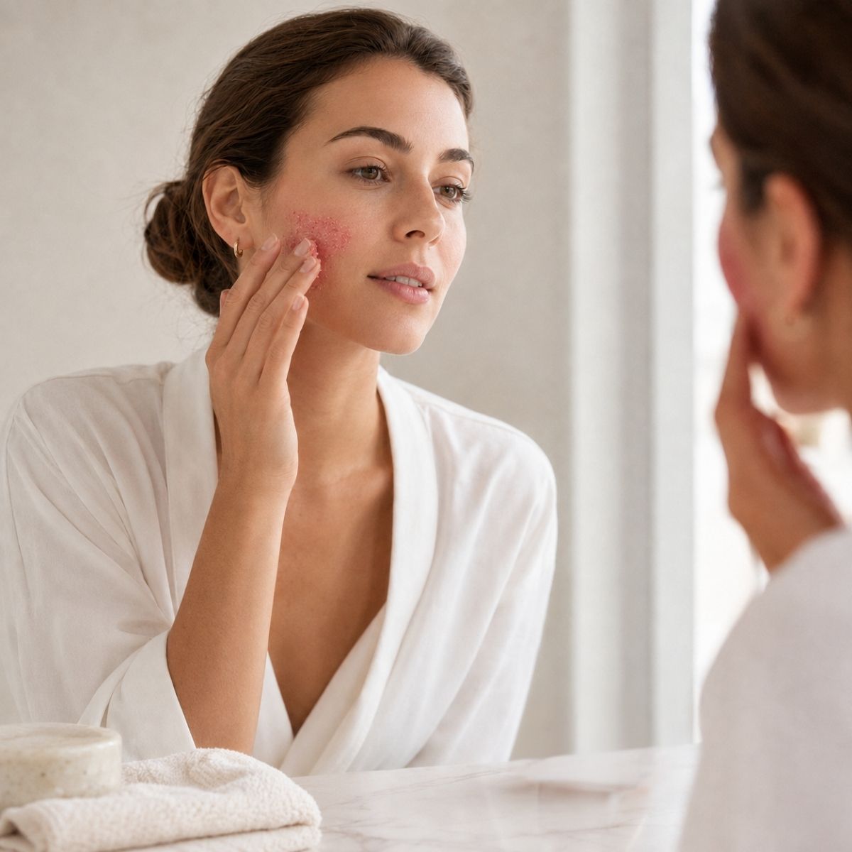 Application du Gommage Poudré Hendiya® sur le visage en massage circulaire