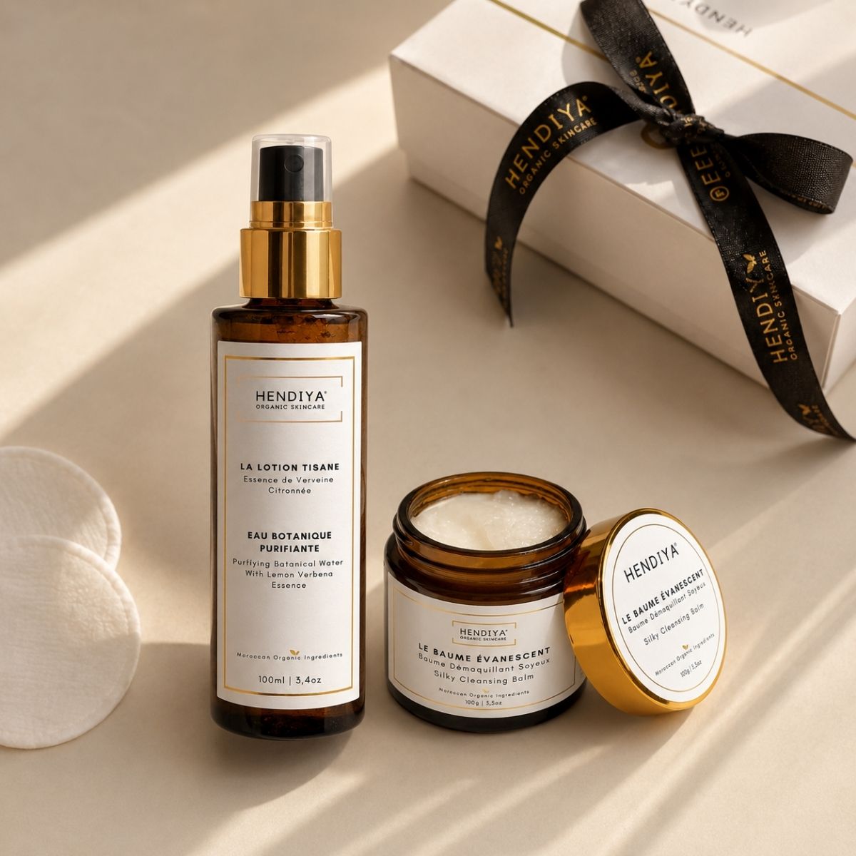 Hendiya® organic double cleansing: Le Baume Évanescent and La Lotion Tisane, cleansing balm and micellar water duo