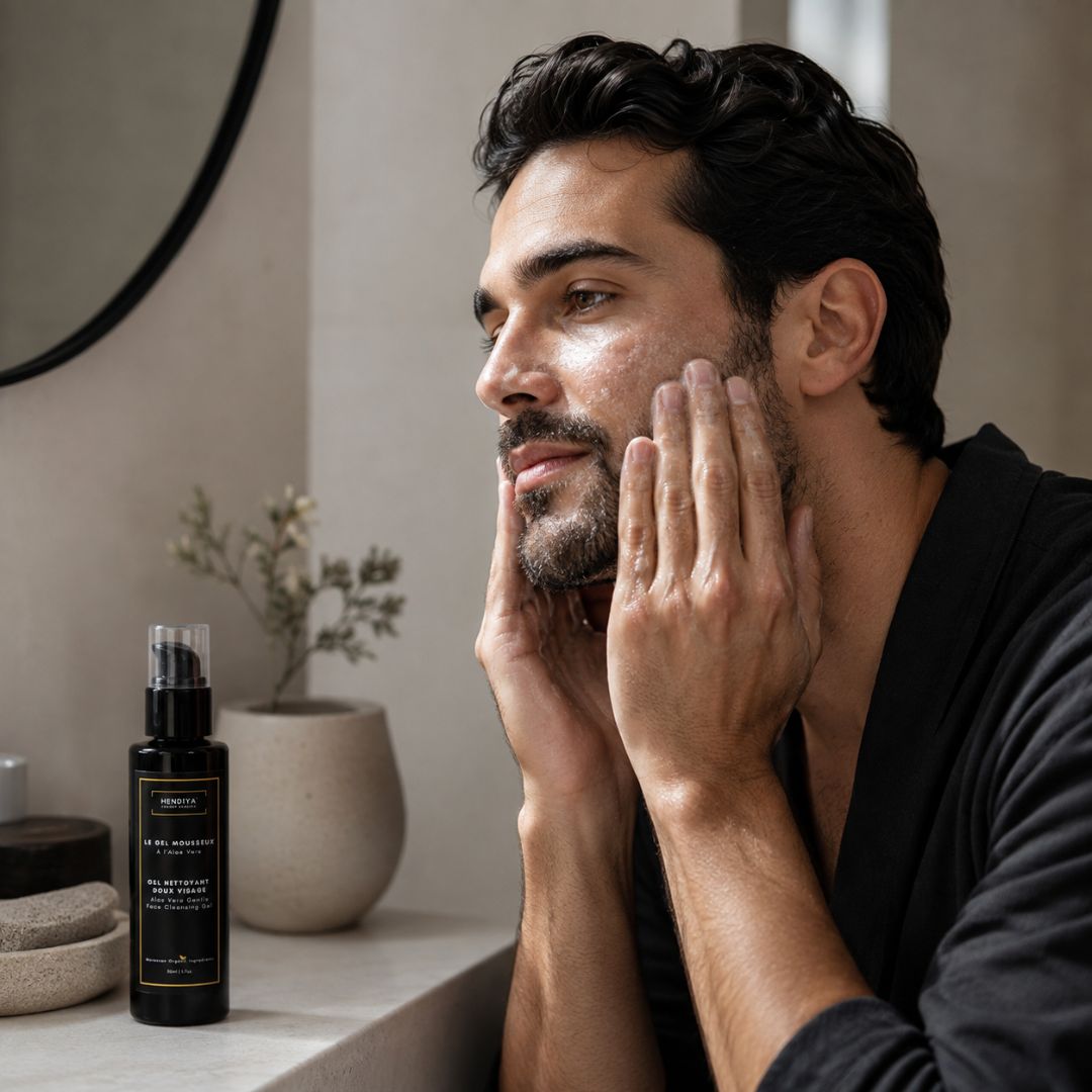 Application du Gel Mousseux Hendiya sur le visage, gel nettoyant moussant à l'aloe vera et à la figue de barbarie pour une peau nette et confortable.