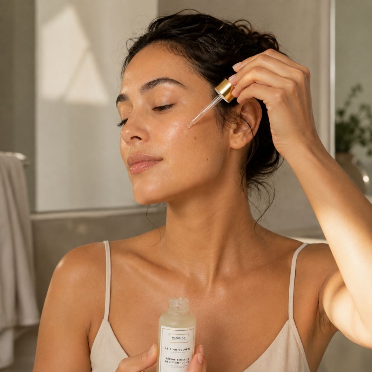 Applying Le Soin Volupté, Hendiya® organic plumping tightening vitamin C serum
