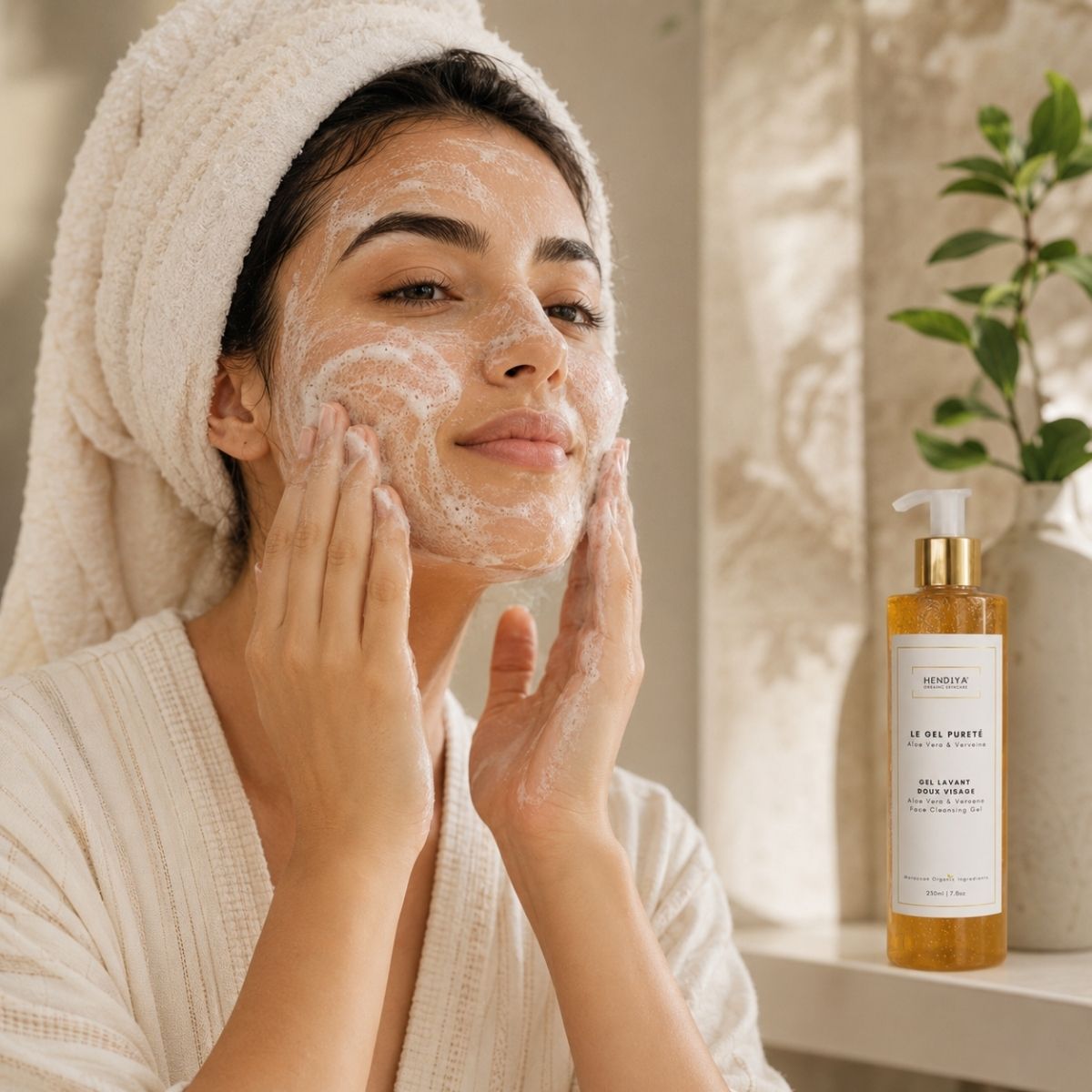 Applying Le Gel Pureté, Hendiya® organic gentle facial cleansing gel