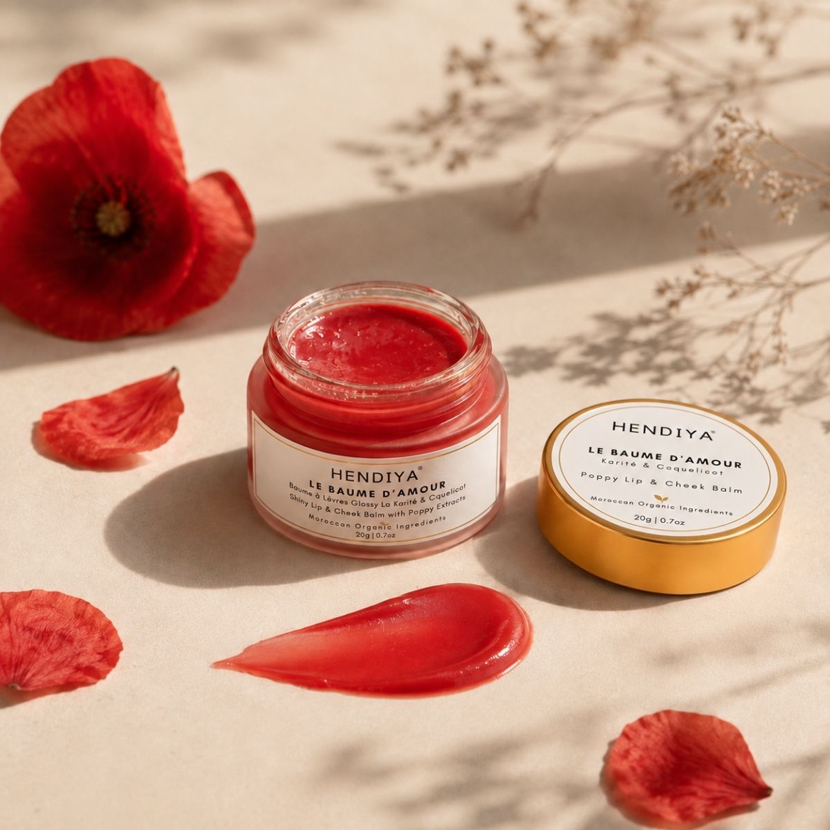 Le Baume d'Amour Hendiya, organic lip and cheek balm tinted with poppy and Akkar Fassi