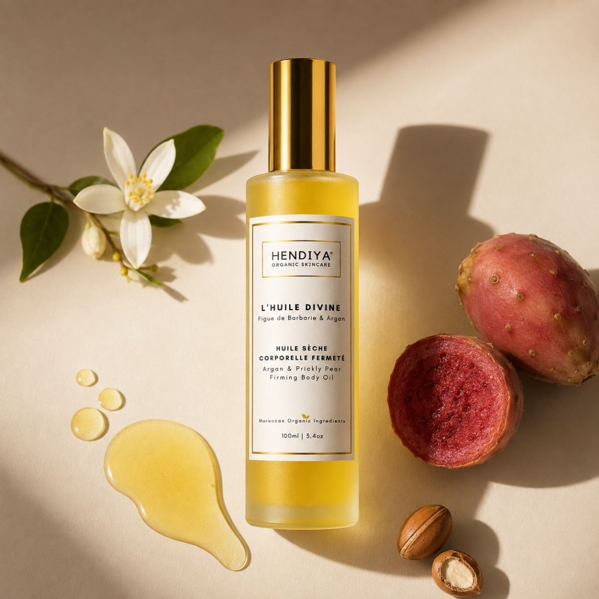 Composition naturelle de L'Huile Divine Hendiya®, figue de barbarie, argan et fleur d'oranger