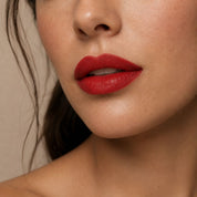Le Rouge Carmin Hendiya lipstick applied to the lips, organic intense red lipstick