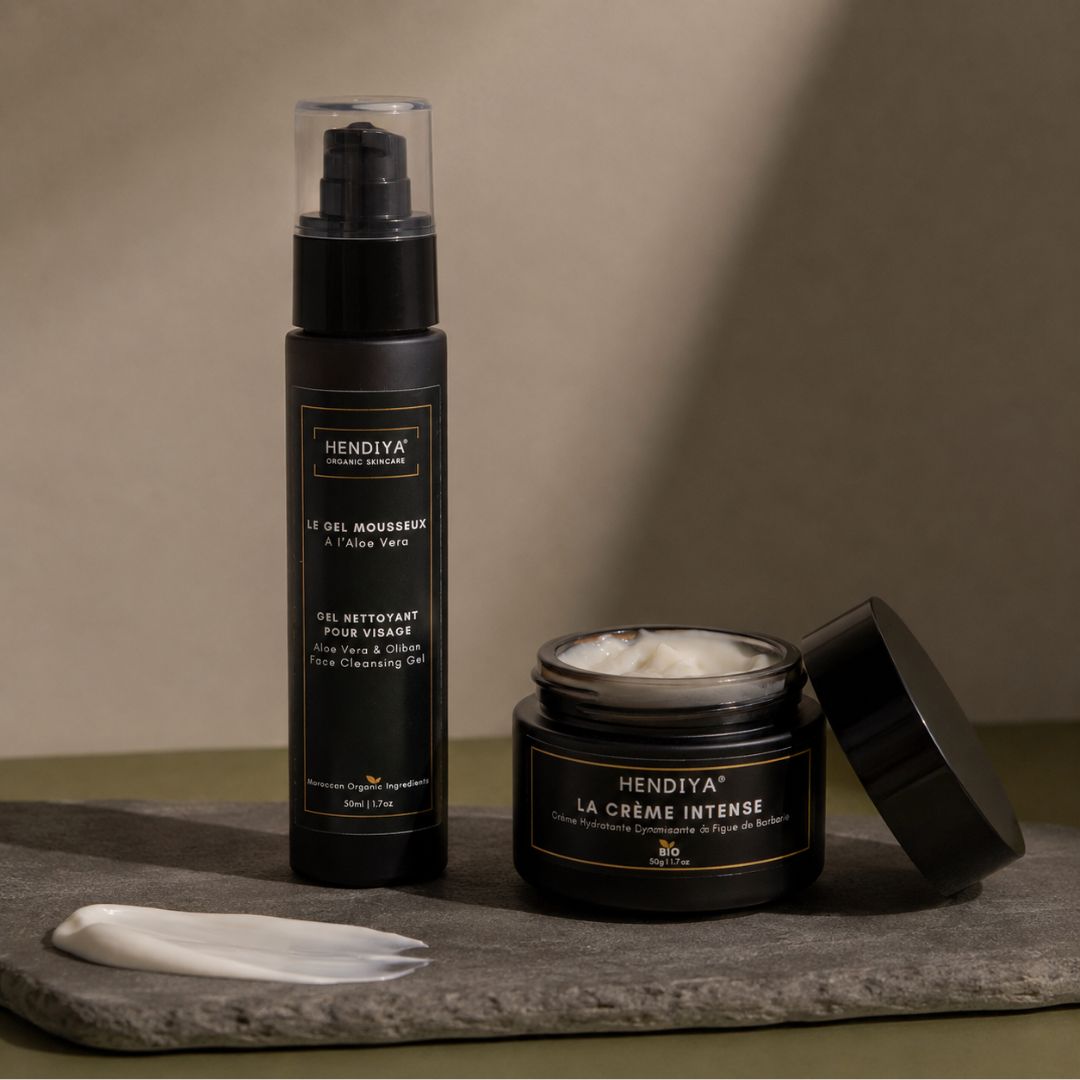 Duo de soin visage homme Hendiya : La Crème Intense hydratante associée au Gel Mousseux nettoyant doux à l'aloe vera, routine complète à la figue de barbarie et à l'argan pour le visage masculin.