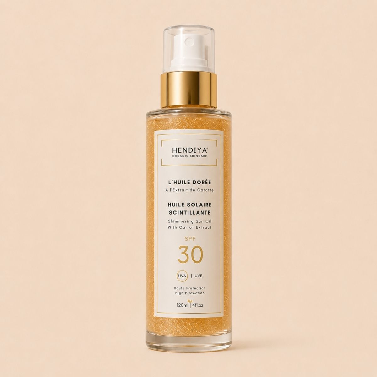 L'Huile Dorée, huile solaire scintillante Hendiya à l'extrait de carotte SPF 30