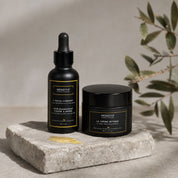 Duo L'Huile Confort et La Crème Intense Hendiya, soin visage et barbe complet pour homme à la figue de barbarie, huile nourrissante et crème hydratante dynamisante côte à côte.