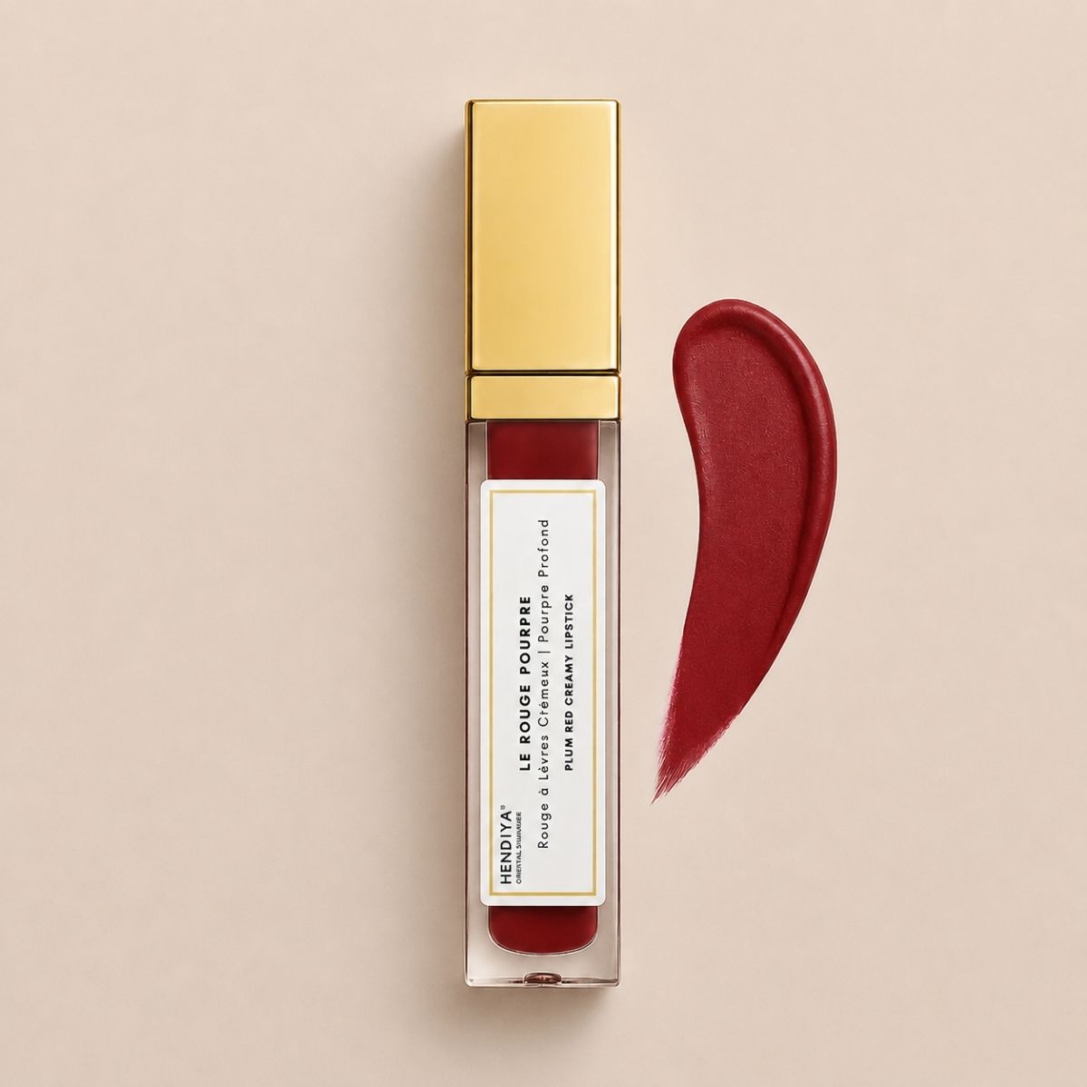 Le Rouge Pourpre Hendiya lipstick with a color swatch, organic lipstick with prickly pear seed oil