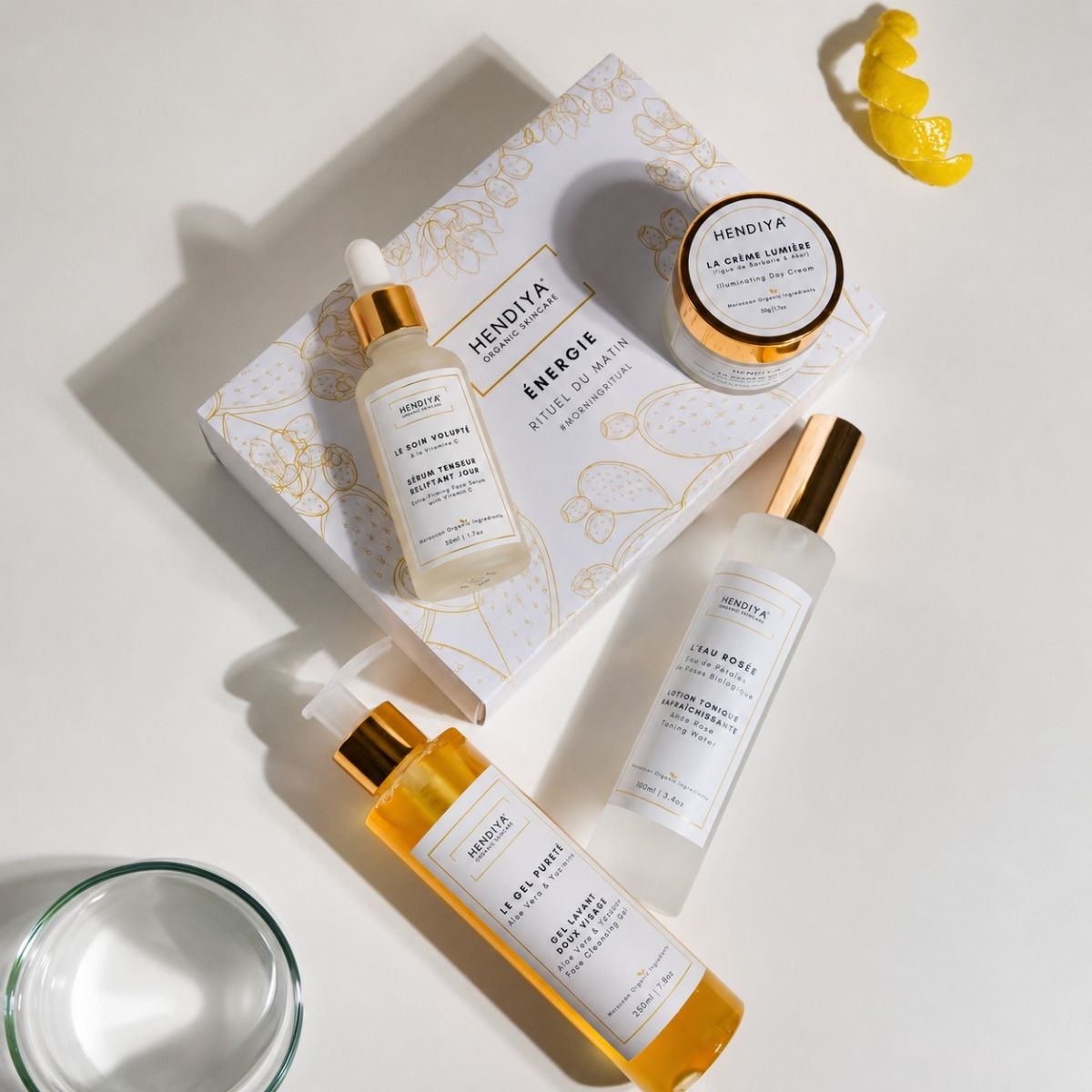 Coffret Énergie – Morning Ritual by Hendiya® organic: Le Gel Pureté, L'Eau Rosée, Le Soin Volupté and La Crème Lumière
