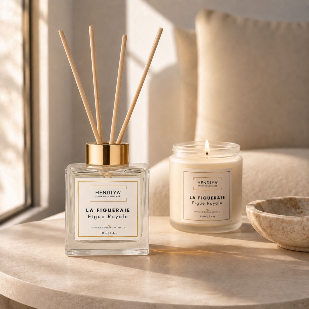 Duo diffuseur à bâtonnets de rotin La Figueraie 100ml et bougie végétale La Figueraie, senteur figue royale, présentés ensemble