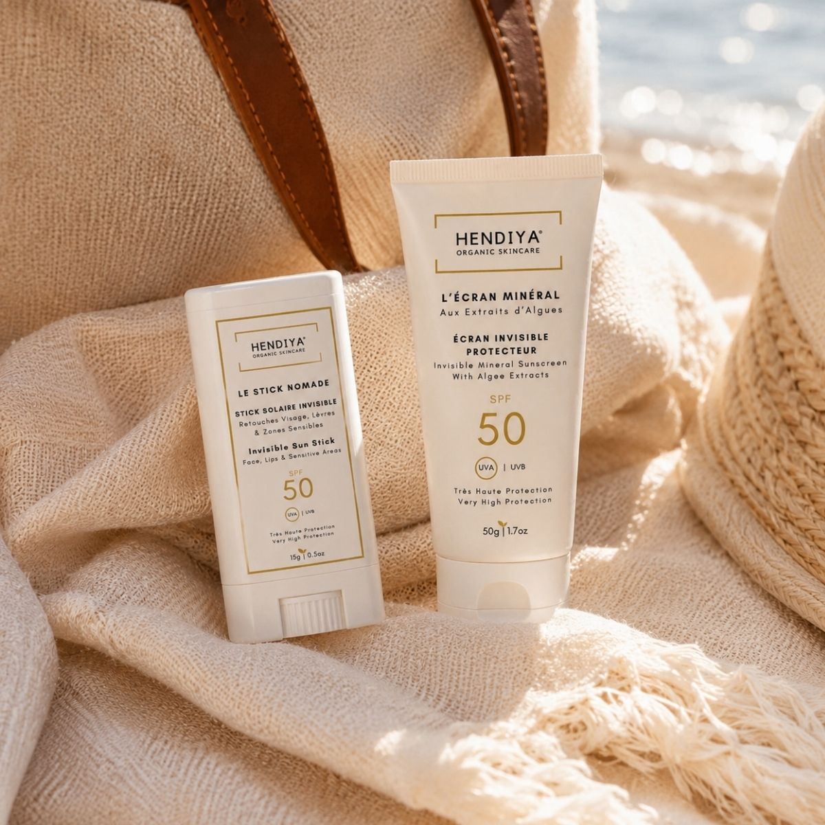Duo solaire Hendiya : L'Écran Minéral SPF 50+ et Le Stick Nomade SPF 50+ pour les retouches