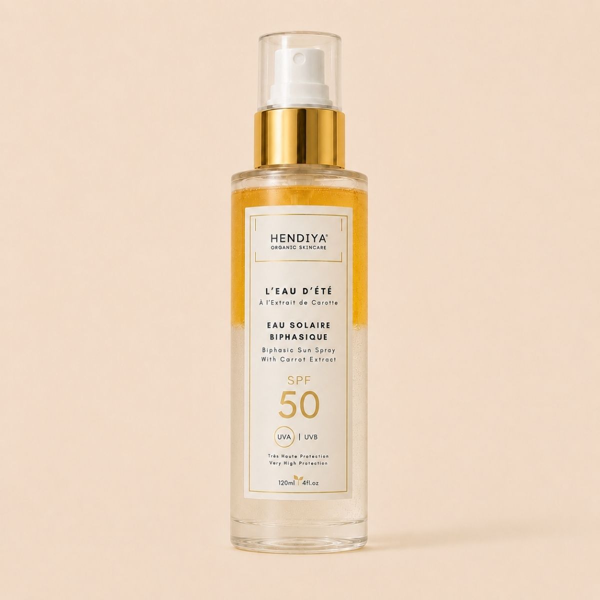 L'Eau d'Été, eau solaire biphasique Hendiya à l'extrait de carotte SPF 50+